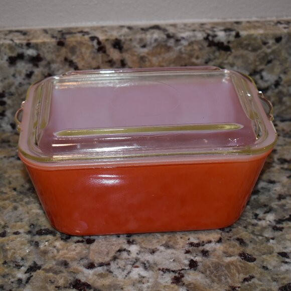 VINTAGE GLASBAKE ORANGE BREAD LOAF BAKING DISH WITH LID